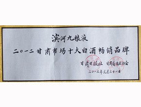 2013年-滨河九粮液荣获2012甘肃市场十大白酒畅销品牌证书